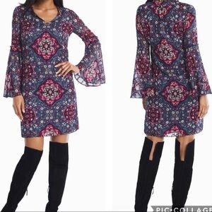 White House Black Market Shift Dress Size XS Blue Bell Sleeve Medallion Print